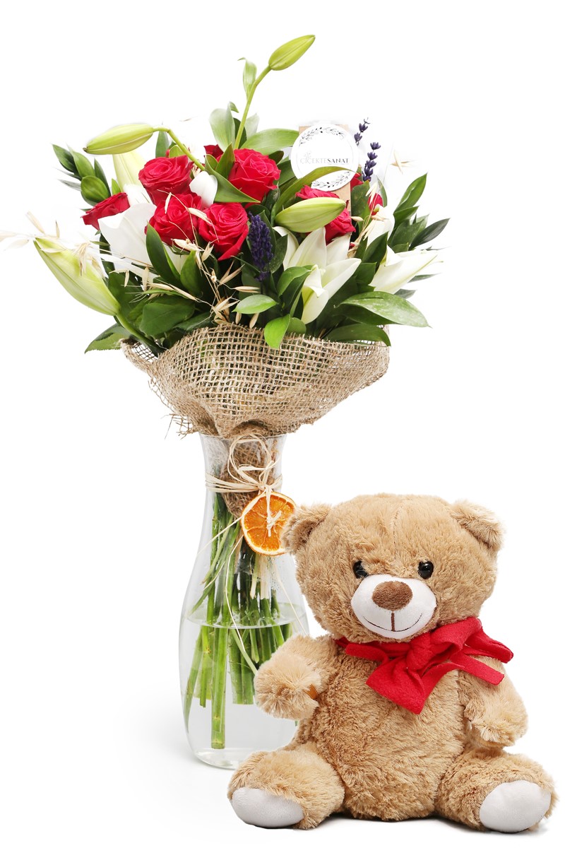 Rose Lilies & Bear