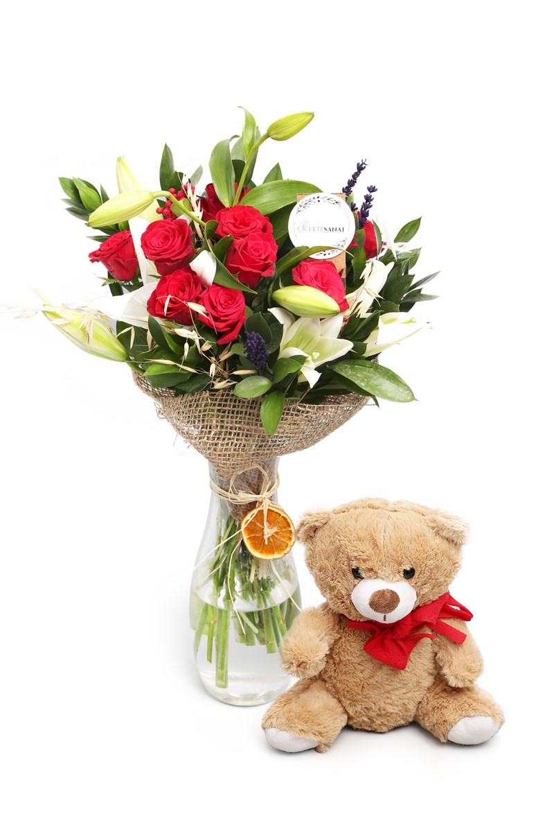 Rose Lilies & Bear