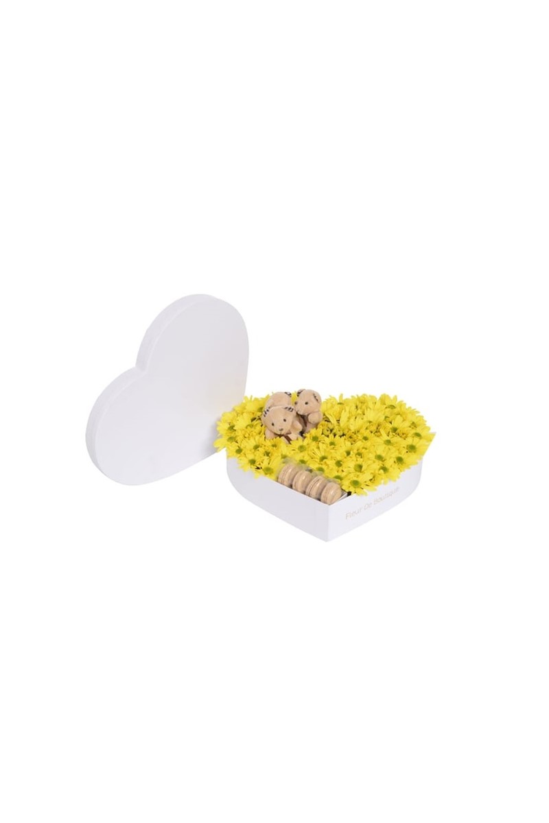 Beyaz Kalp Kutuda Sarı Papatyalar Peluş Ayıcıklar Ve Makaronlar