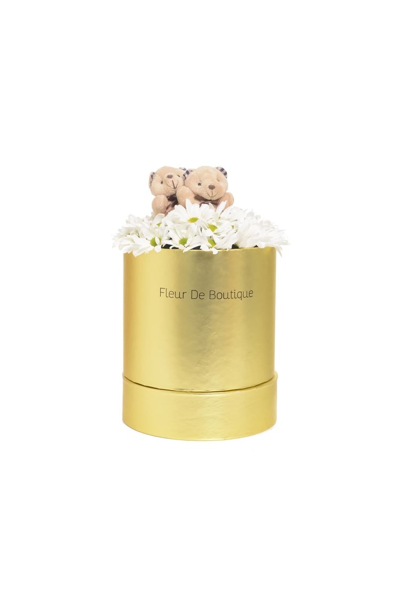 Büyük Boy Gold Silindir Kutuda Beyaz Papatyalar Ve Kahve Peluş Ayıcıklar