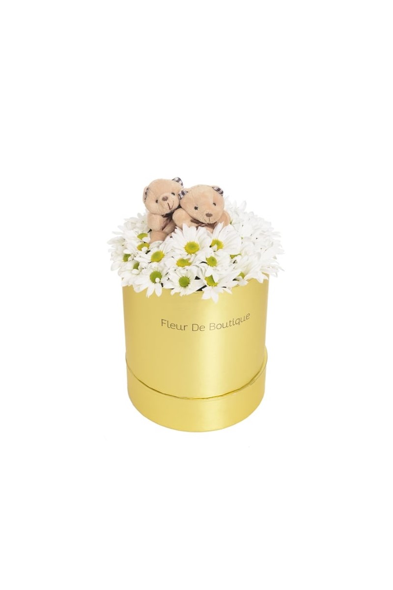 Büyük Boy Gold Silindir Kutuda Beyaz Papatyalar Ve Kahve Peluş Ayıcıklar