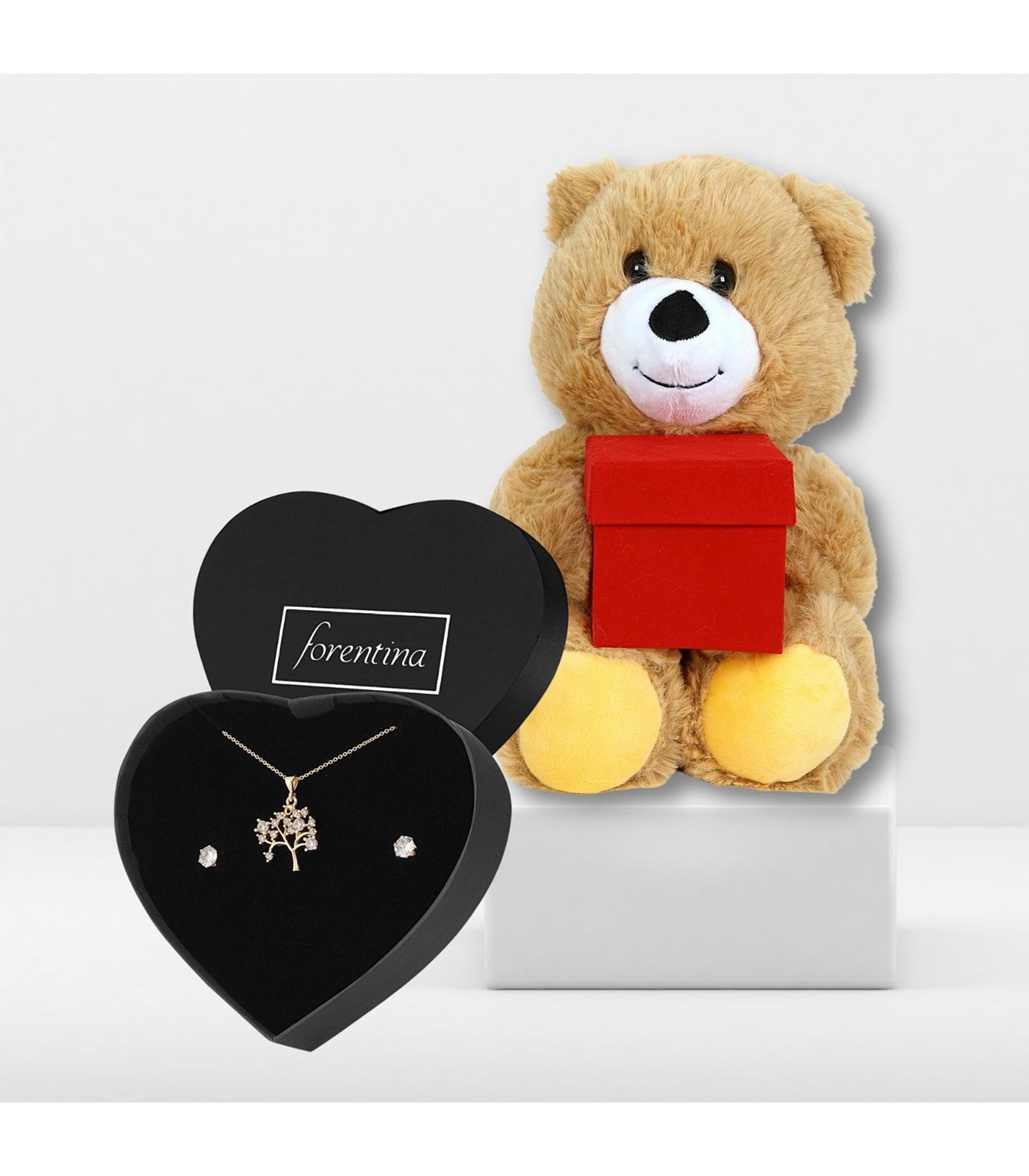 Forentina Altın Kaplama Hayat Ağacı Kolye Küpe-Ayıcık ve Çikolata Hediye Seti PS298700TR