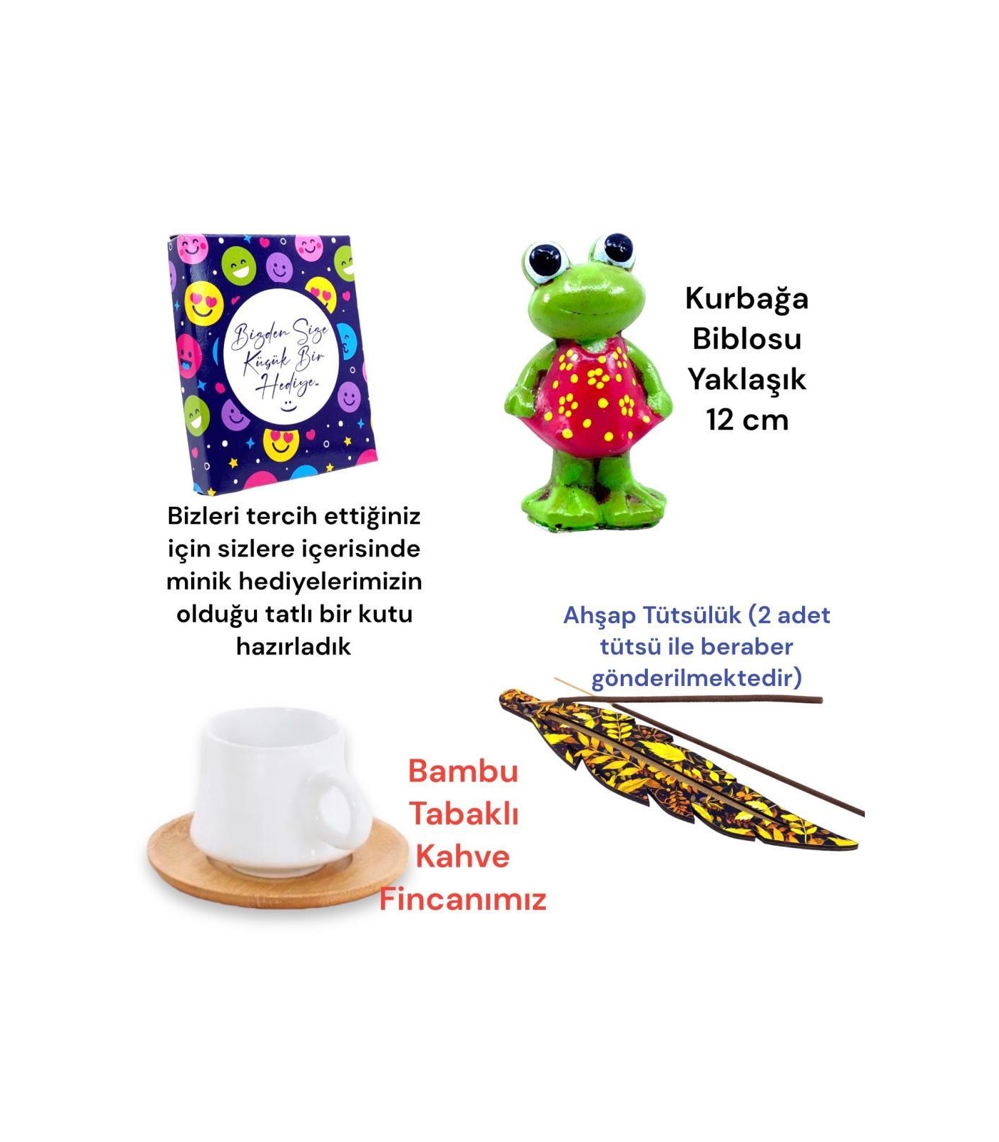 Bambu Tabaklı Beyaz Fincan, Tütsülük ve Sevimli Kurbağa Biblosu Hediye Seti