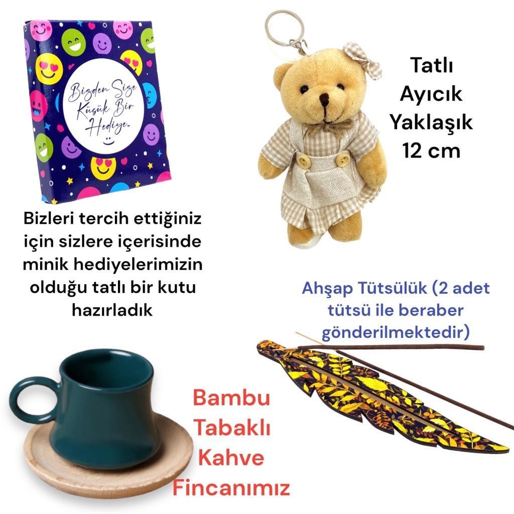 Bambu Tabaklı Yeşil Fincan, Tütsülük ve Sevimli Ayıcık Hediye Seti