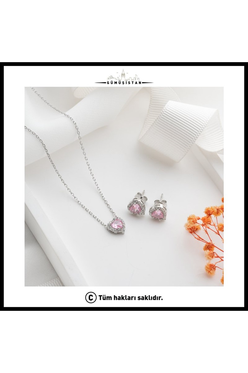 925 Ayar Gümüş Kalp Detaylı Küpe-Kolye Set