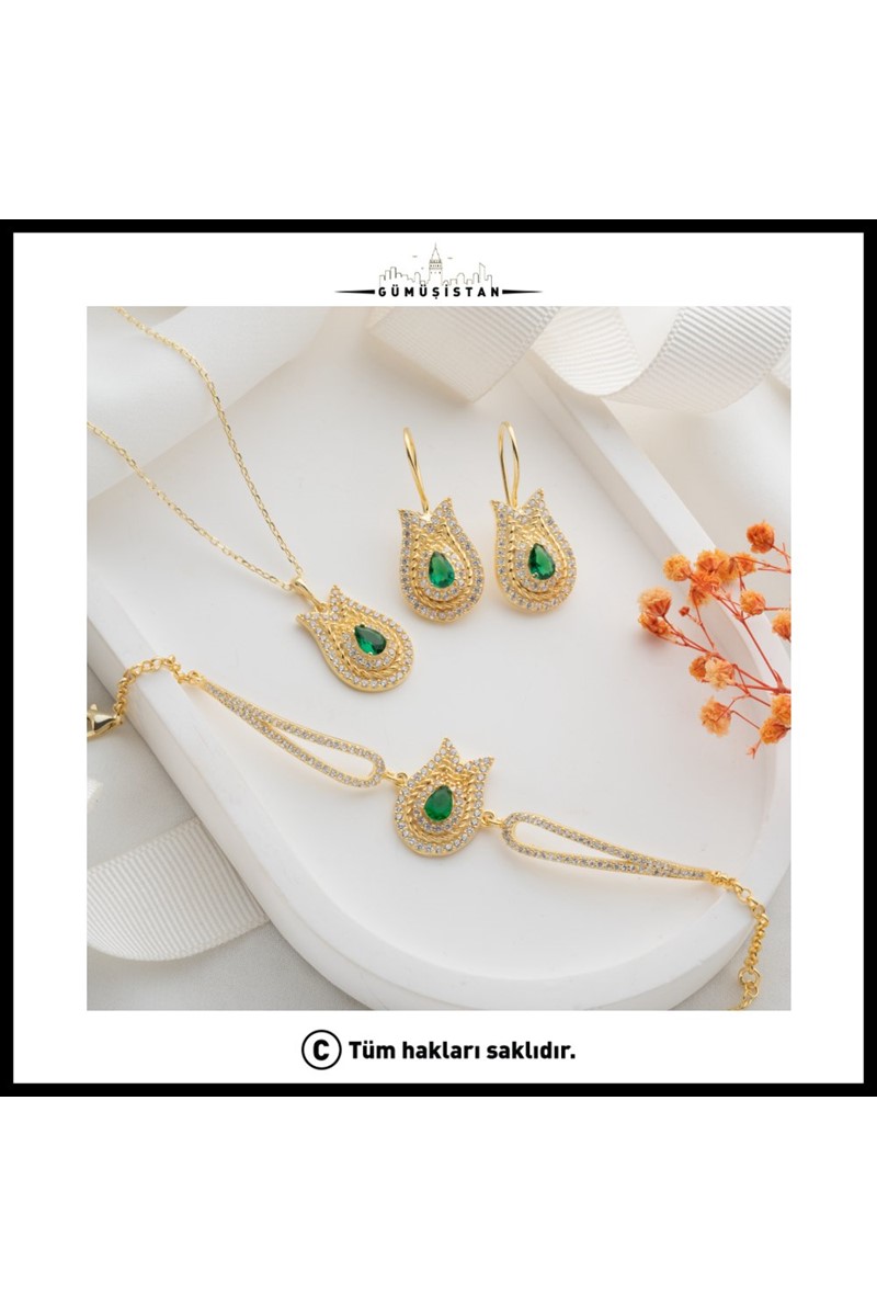 925 Ayar Gümüş Lale Desenli Kolye-Küpe ve Bileklik Set