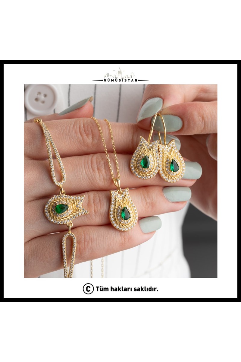 925 Ayar Gümüş Lale Desenli Kolye-Küpe ve Bileklik Set