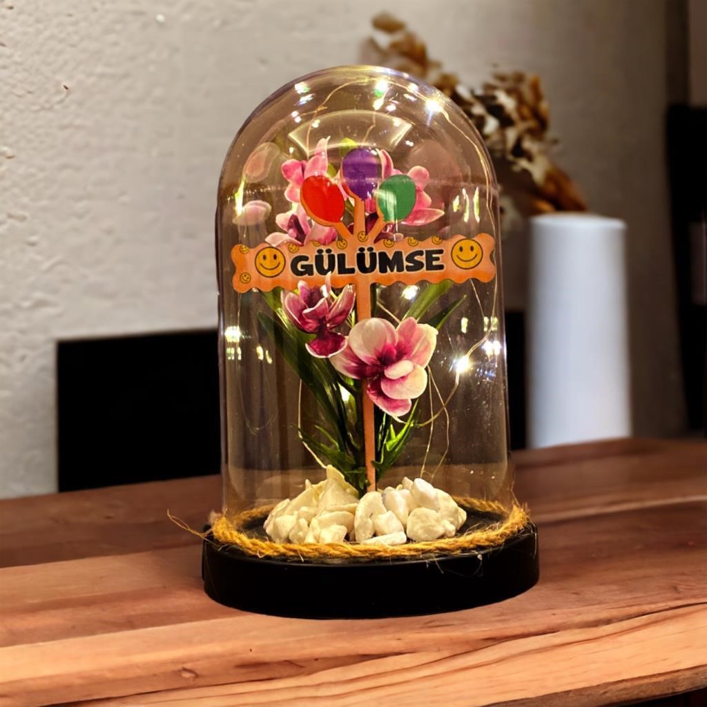 Gülümse Temalı Led Işıklı Fanus - Zambak Çiçekli ve Papatya Kolyeli
