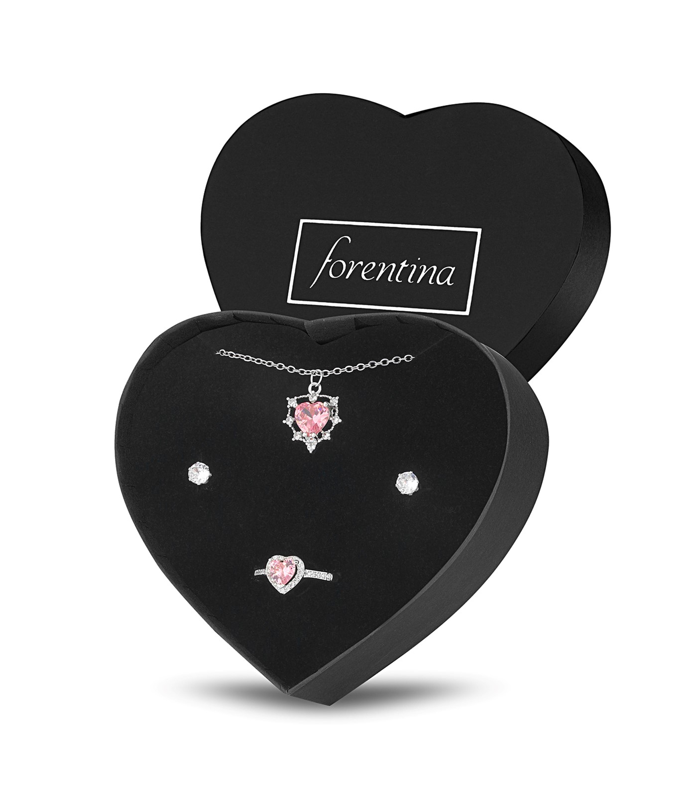 Forentina Gümüş Kaplama Pembe Taşlı Kalpli Kolye Küpe Yüzük Takı Seti PS3079