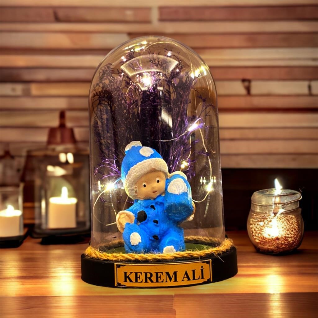 Kişiye Özel Erkek Bebek Hediyesi - Peluş Ayıcıklı Işıklı Fanus Aranjmanı