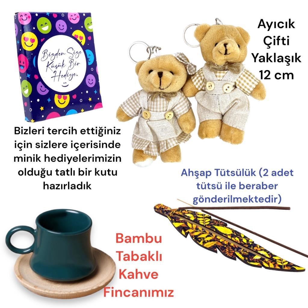 Kişiye Özel Fotoğraflı 2li Yeşil Fincan, Tütsülük ve Peluş Çifti Hediye Seti
