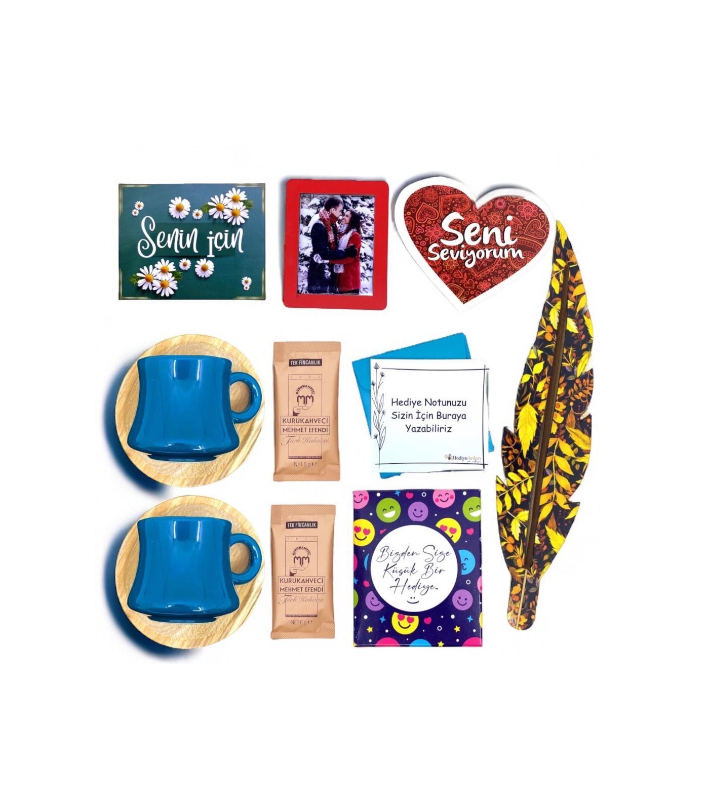 Kişiye Özel Fotoğraflı 2li Yeşil Fincan ve Tütsülük Aşk Hediye Seti