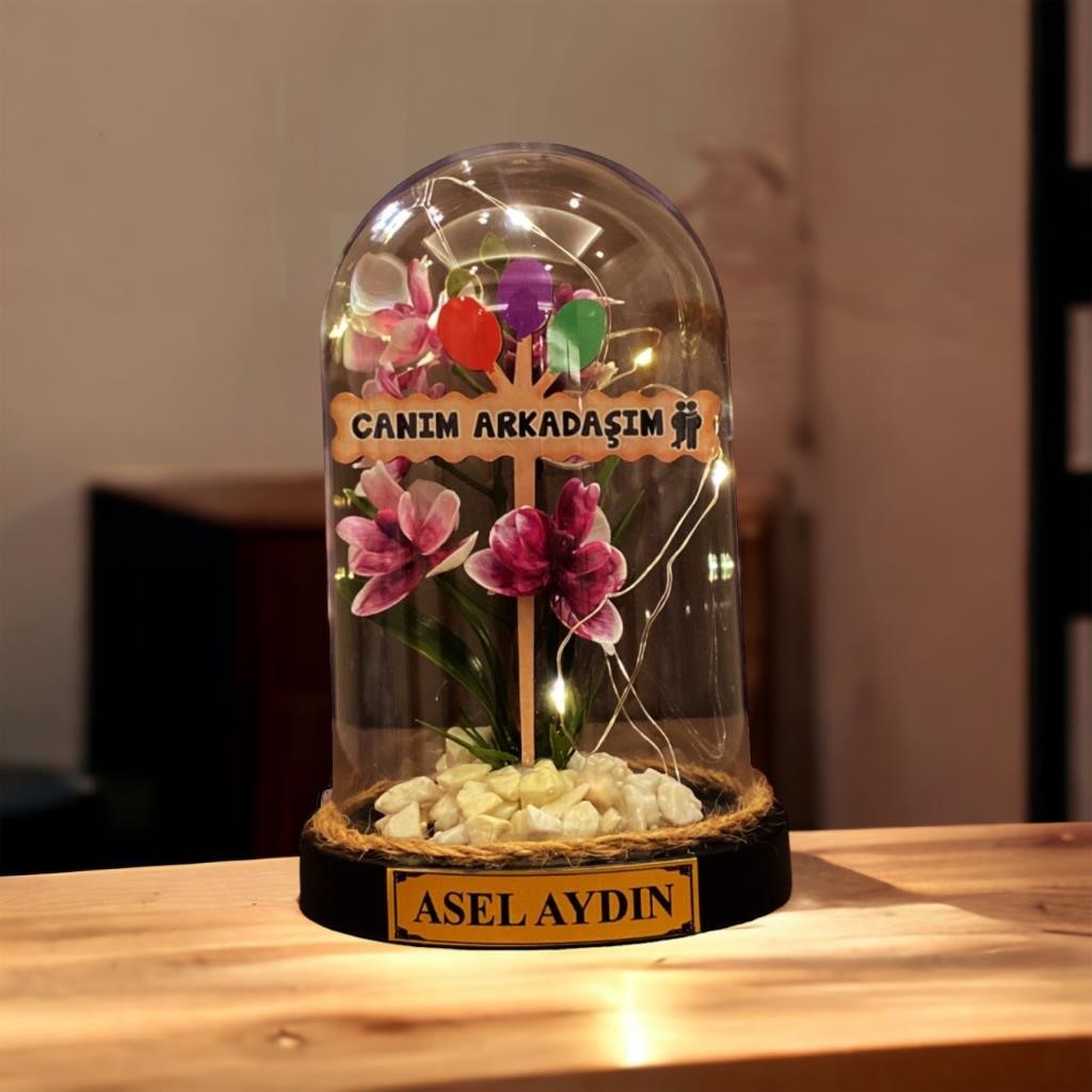 Kişiye Özel İsimli ve Led Işıklı Fanus - Canım Arkadaşım Temalı ve Kelebek Kolyeli