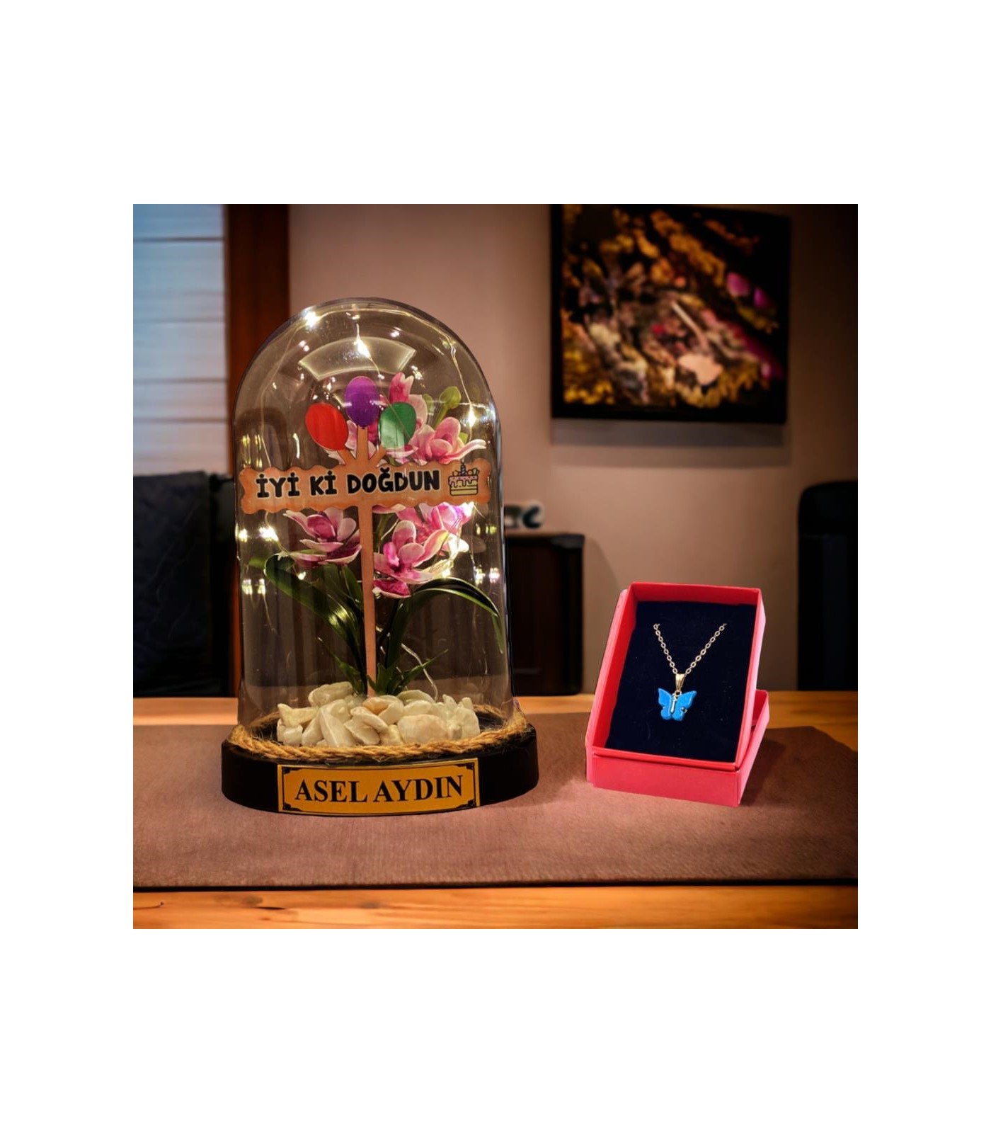 Kişiye Özel İsimli ve Led Işıklı Fanus - İyi Ki Doğdun Temalı ve Kelebek Kolyeli