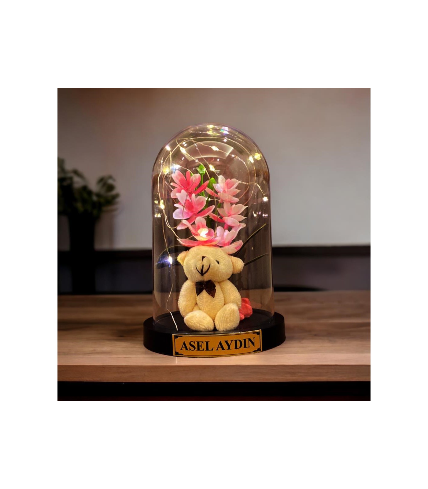 Kişiye Özel Peluş Ayıcık Temalı Fanus - Zambak Çiçekli ve Led Işıklı