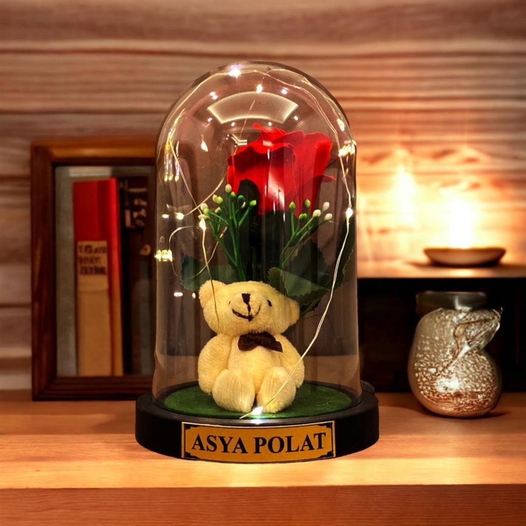 Kişiye Özel Peluş Ayıcıklı Kırmızı Güllü Fanus - Işıklı ve Çikolata Kutulu