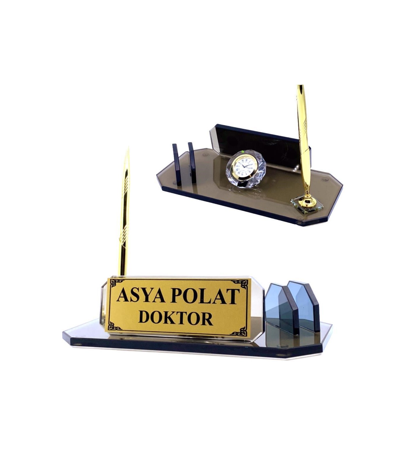 Kişiye Özel Saatli Tasarım Kristal Cam Masa İsimliği