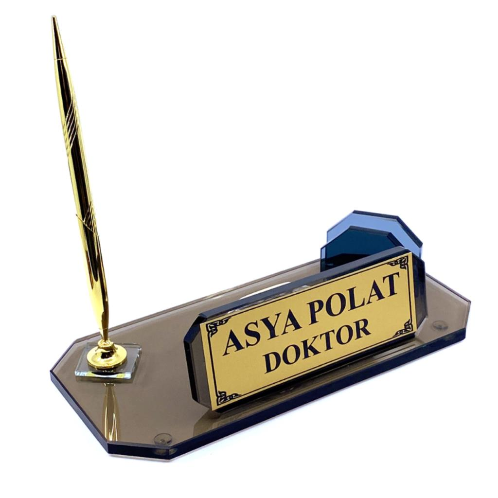 Kişiye Özel Saatli Tasarım Kristal Cam Masa İsimliği