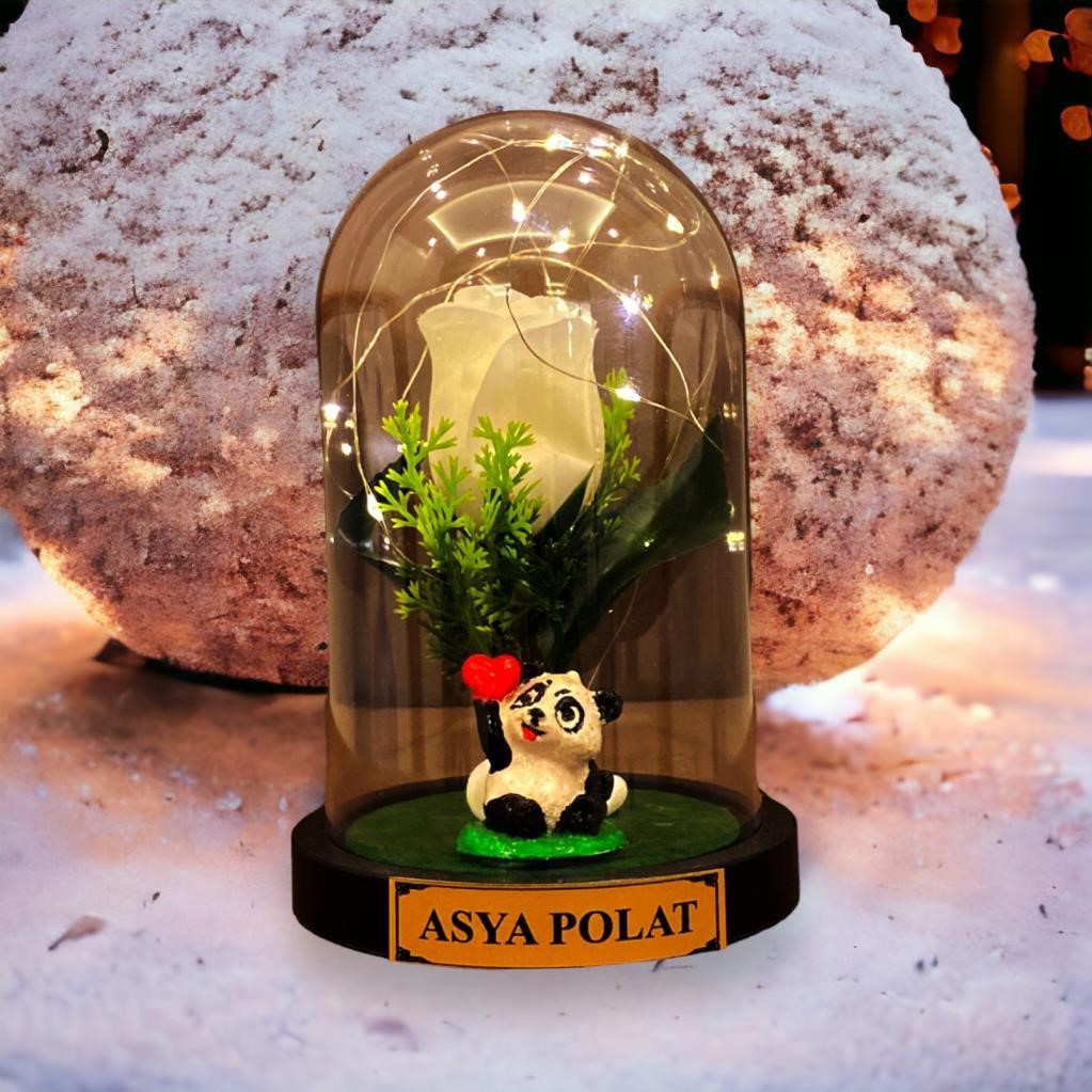 Kişiye Özel Sevimli Panda Temalı Beyaz Güllü Fanus - Işıklı ve Çikolata Keseli