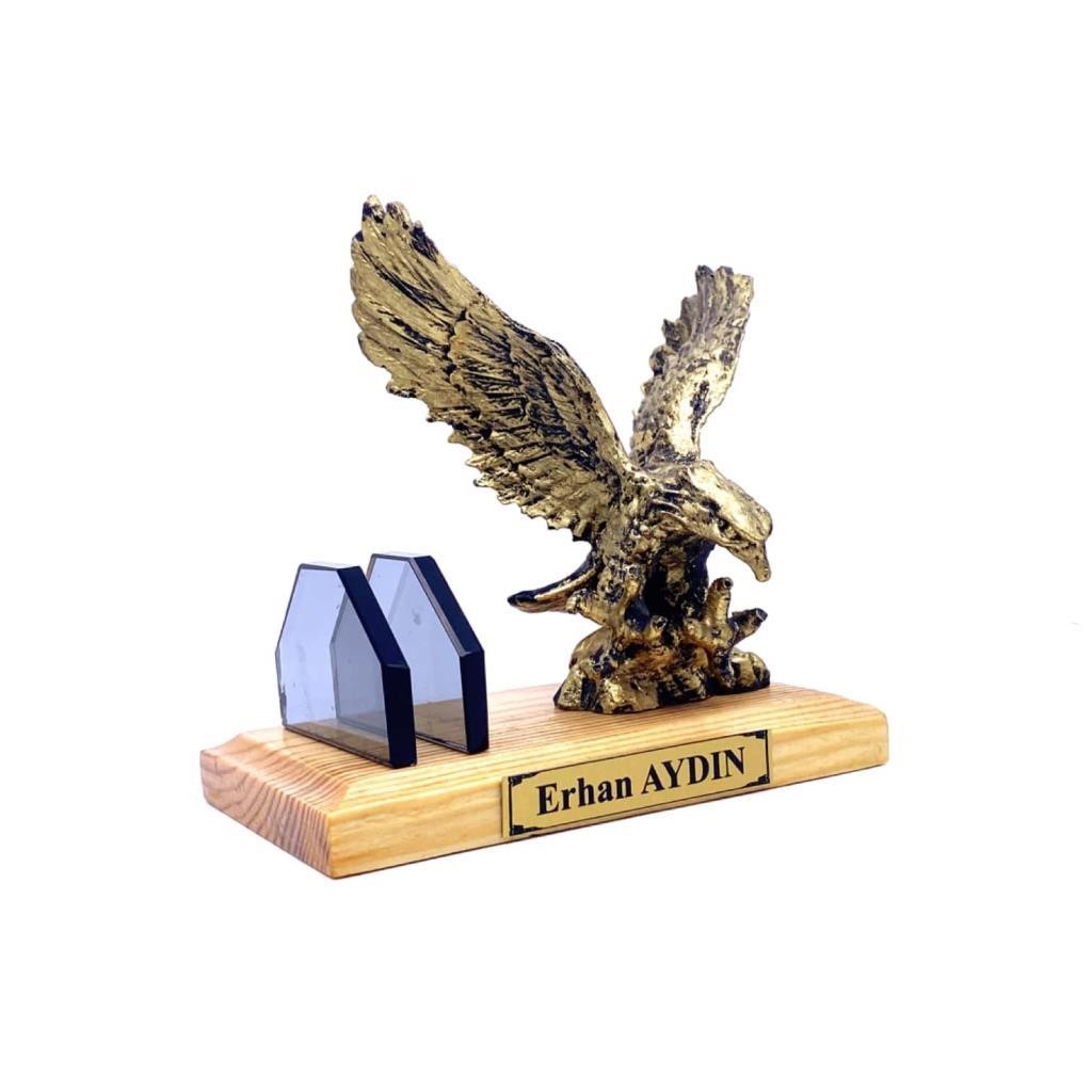 Kişiye Özel Tasarım Ahşap Kaideli Gold Kartal ve Kartvizitlik