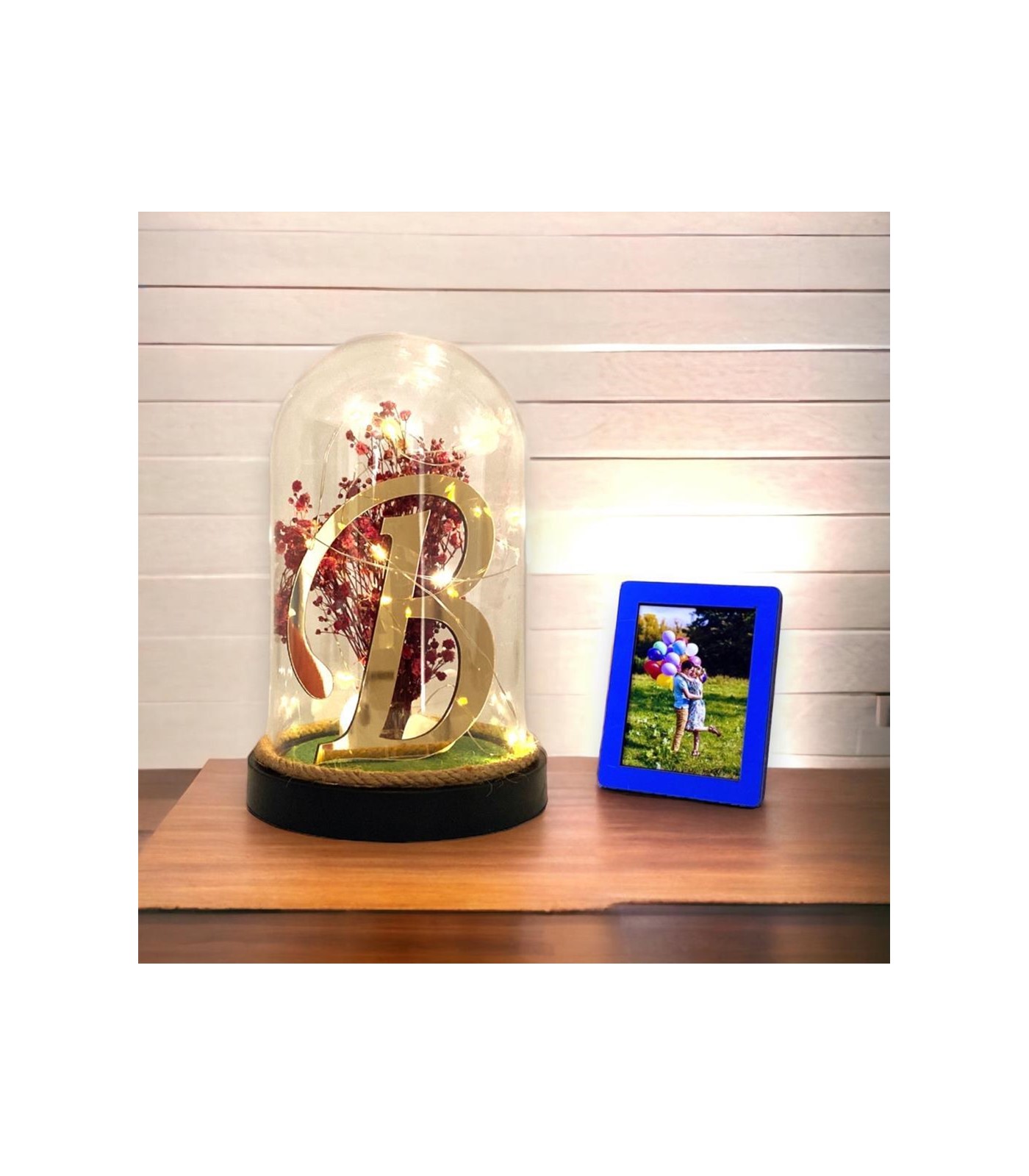 Kişiye Özel Tasarım Gold Harfli ve Led Işıklı Fanus - Fotoğraflı