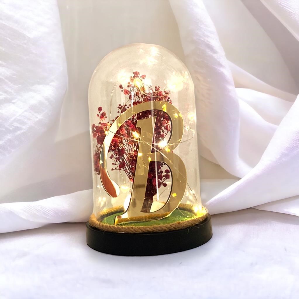 Kişiye Özel Tasarım Gold Harfli ve Led Işıklı Fanus - Papatya Kolyeli