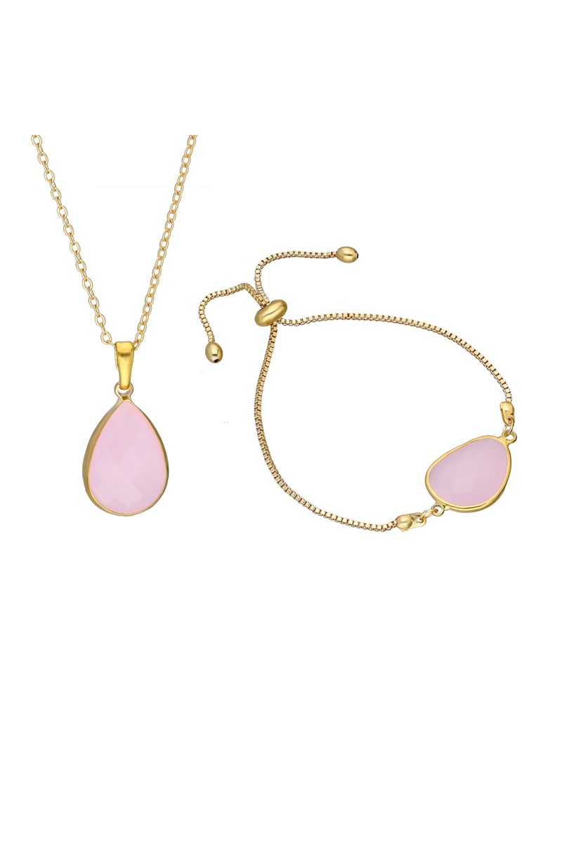 Altın Kaplama Bayan Pembe Taşlı Kolye Bileklik Set PS0478