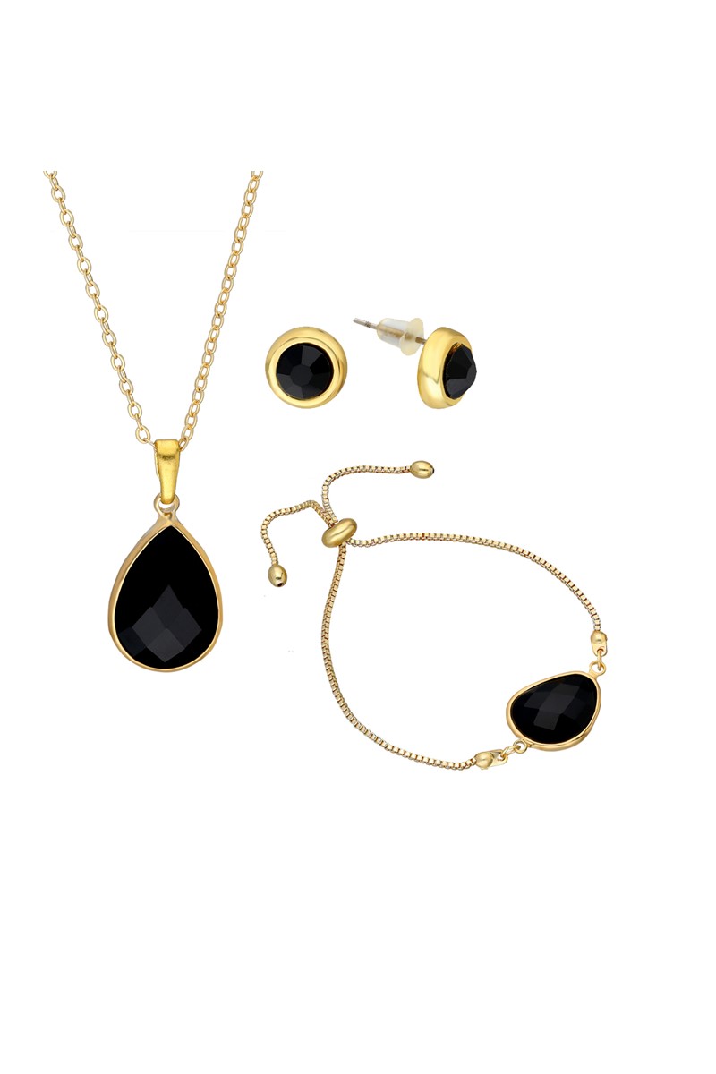 Bayan Siyah Taşlı Kolye Küpe Bileklik Takı Seti PS0480