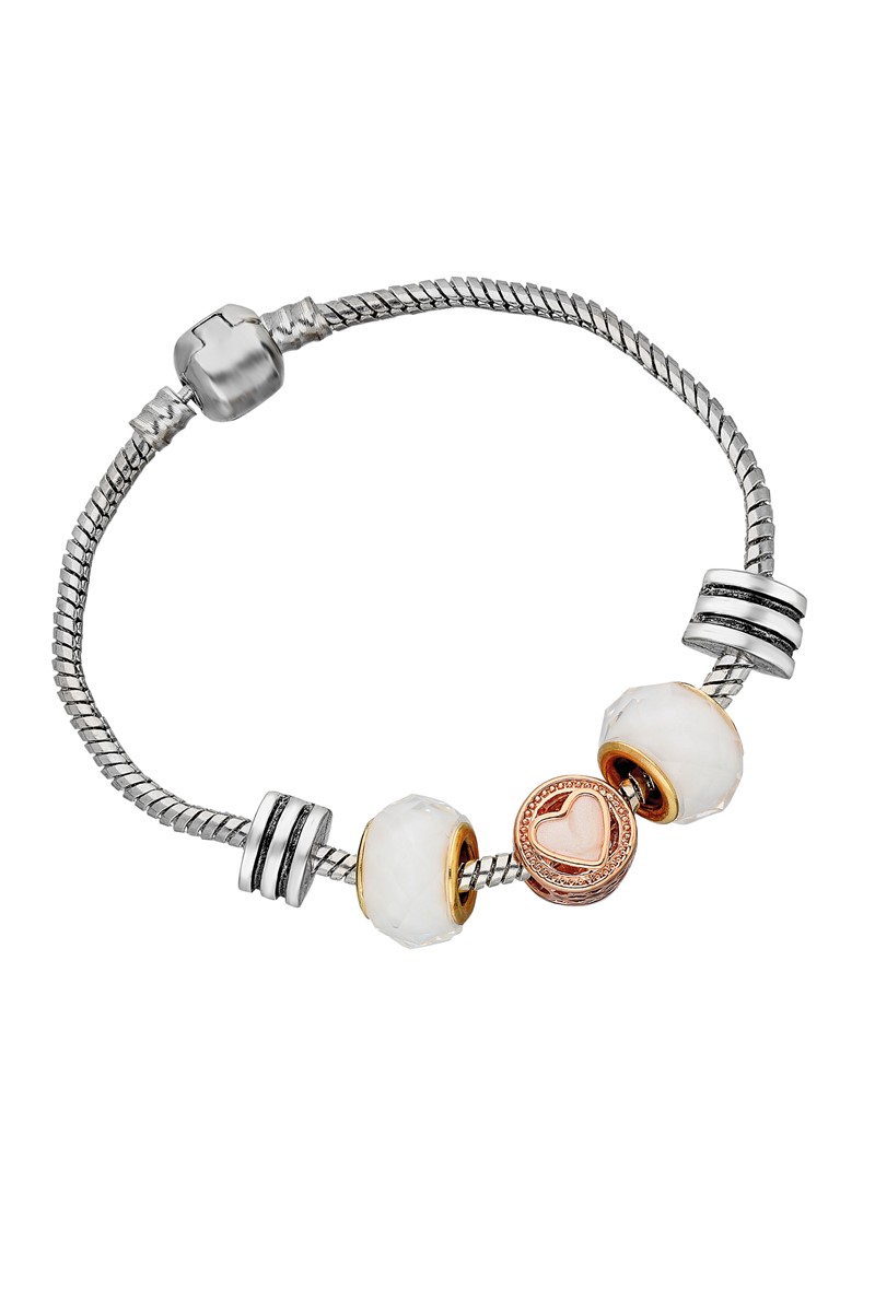 Bayan Gümüş Kaplama Kalpli  Charm Yılan Bileklik  PS0568