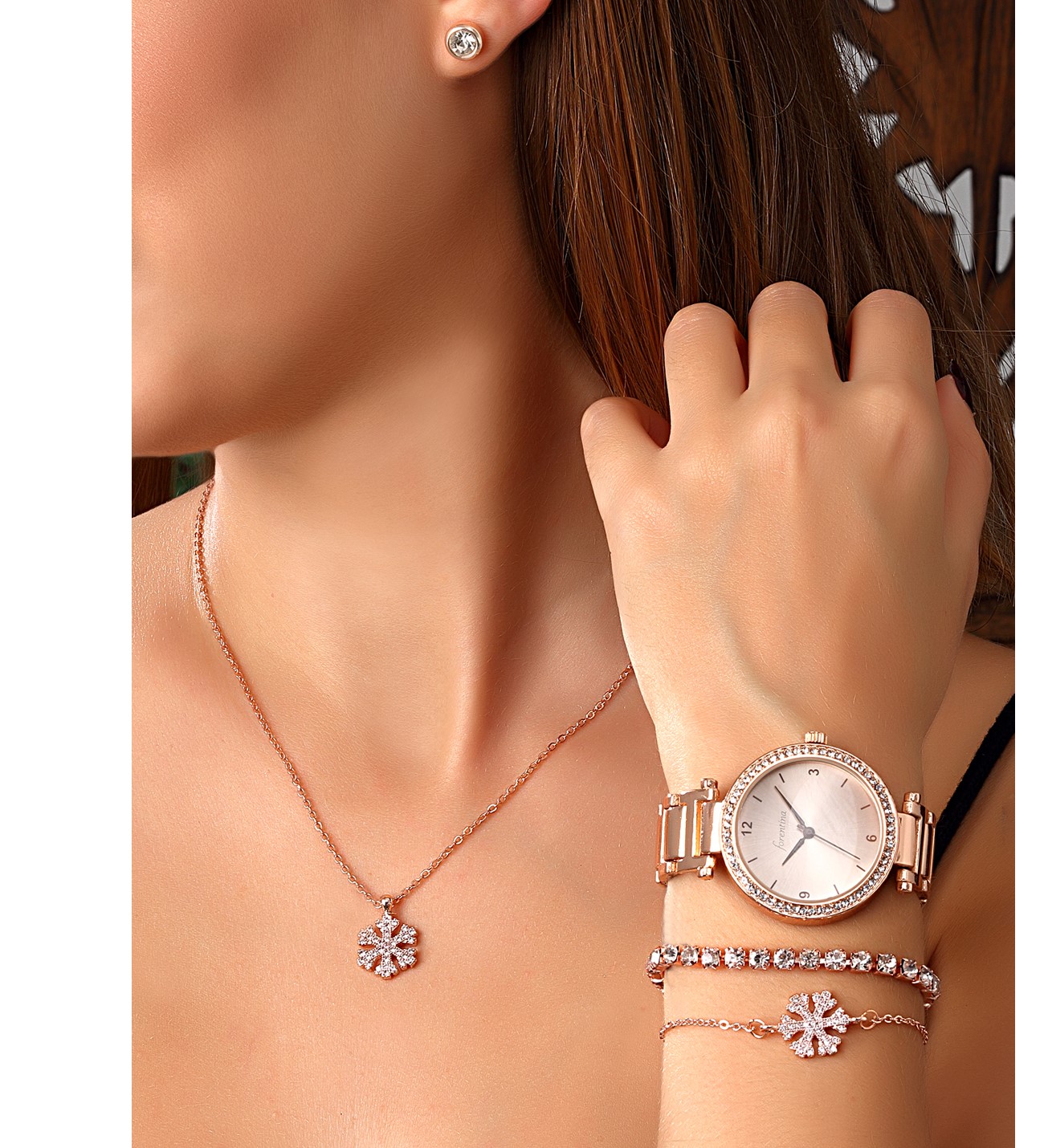 Forentina Rose Kar Tanesi Takı Seti Saat - Rose Solmayan Gül Hediye Set PS2603