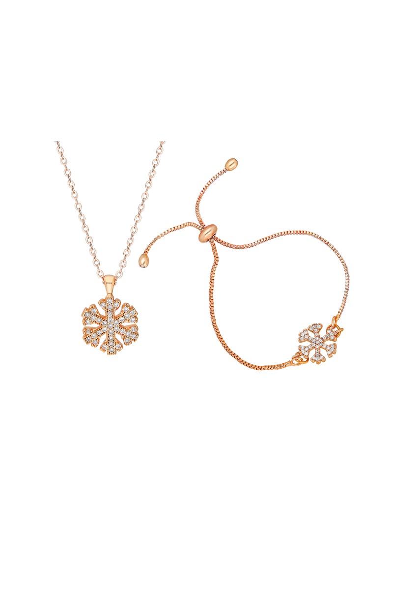 Rose Kaplama Zirkon Taşlı Kar Tanesi Kolye Bileklik Set PS0651