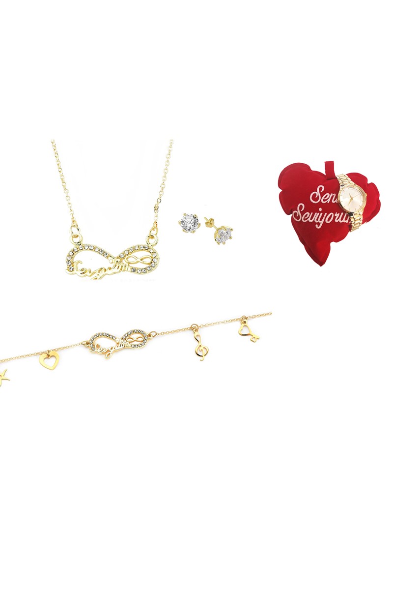 Sevgilim Yazılı Kolye Bileklik Küp set  Saat Ve Yastık Hediye PS0678