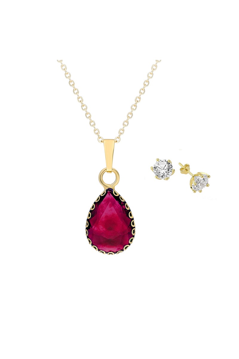 Bayan Altın Kaplama Pembe Taşlı Kolye Küpe Set PS0778