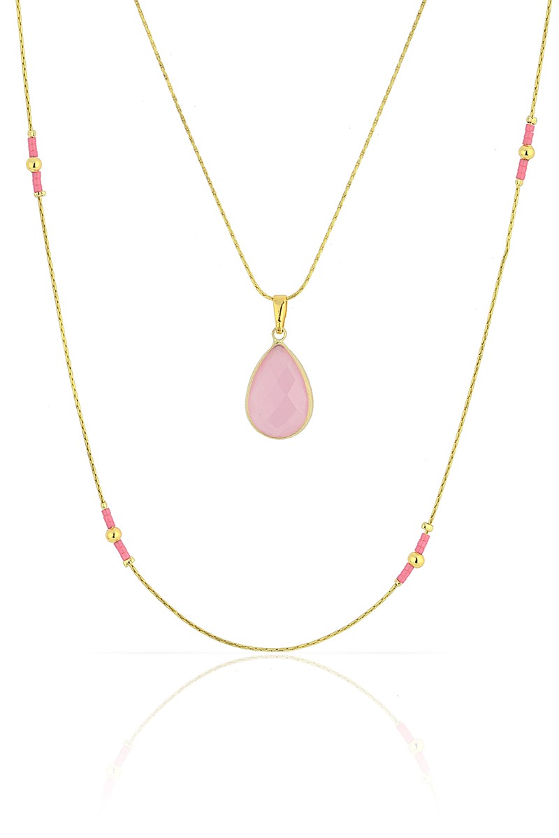 Forentina Pembe Taşlı Çift Zincir Kolye PS0965