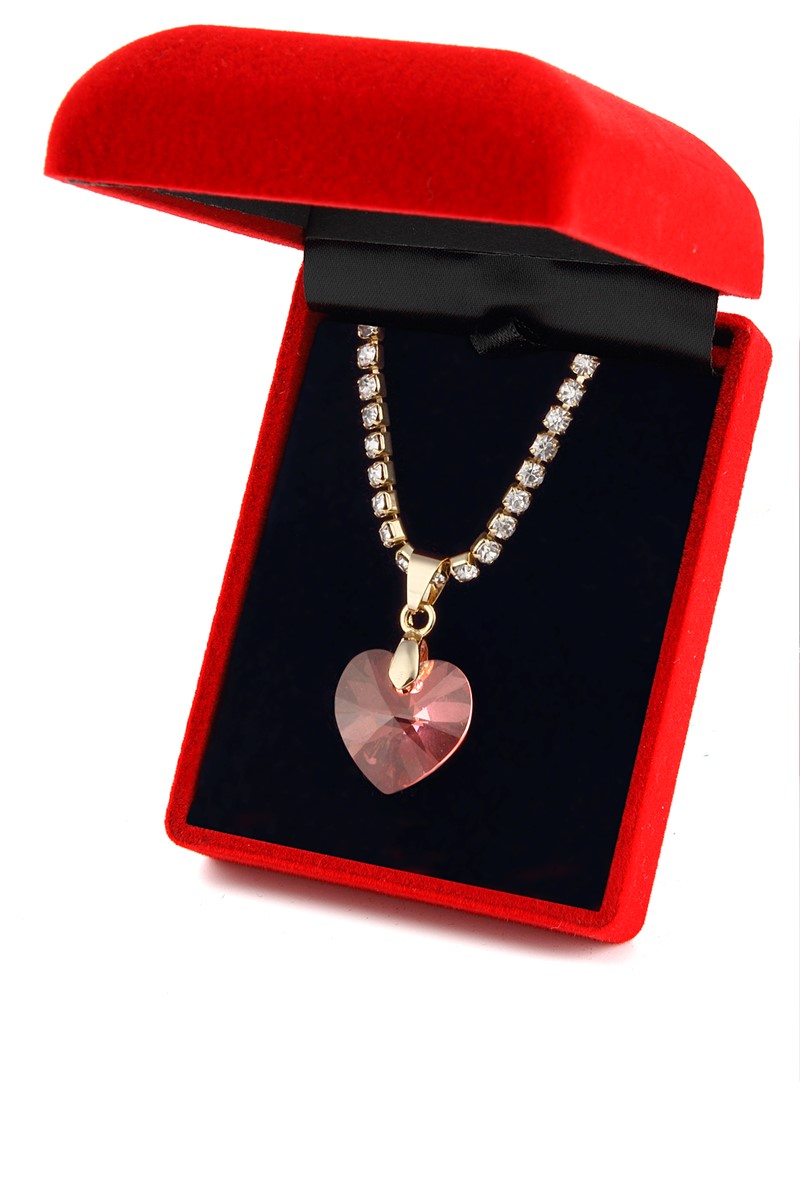 Forentina Pembe Kristal Taşlı Kalp Kolye PS1051