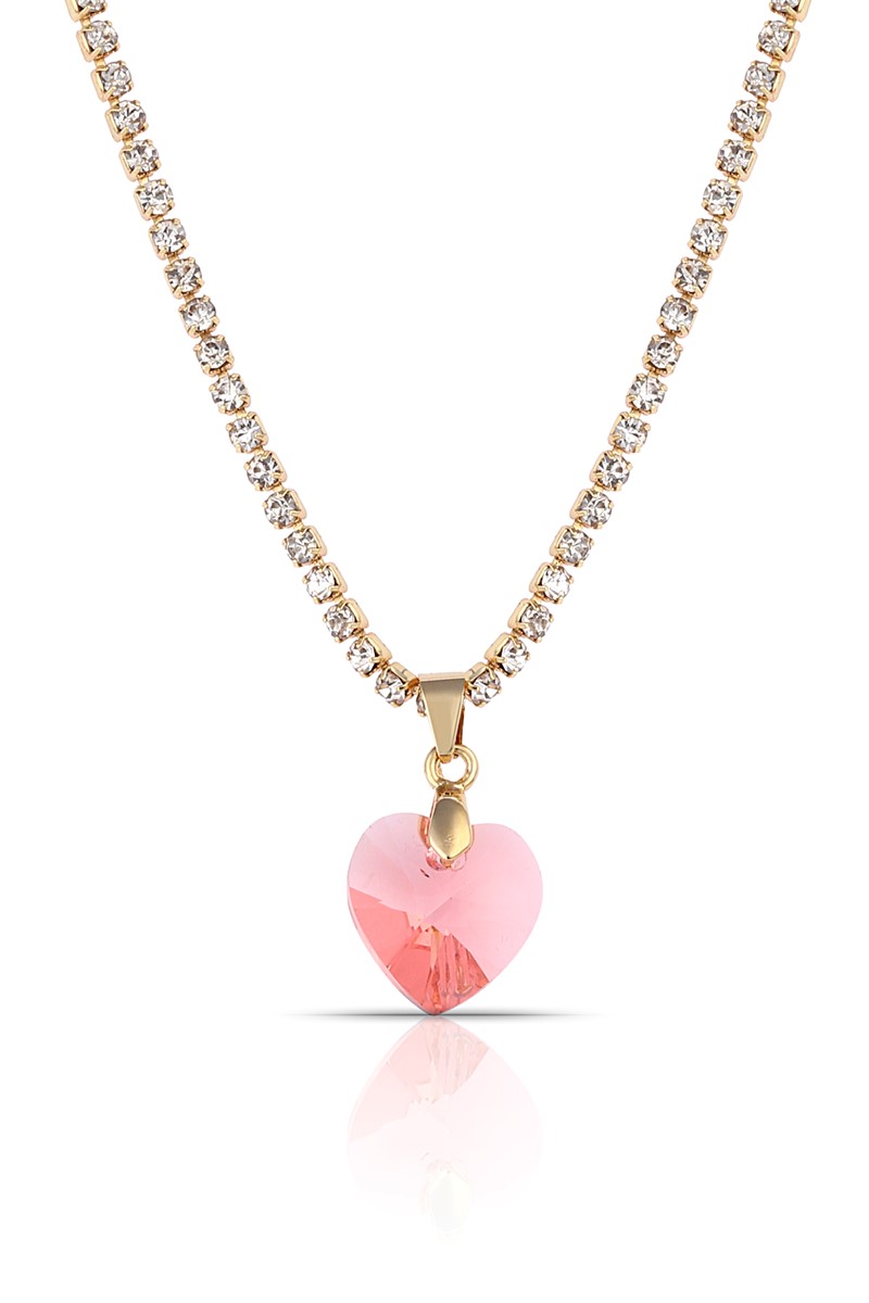 Forentina Pembe Kristal Taşlı Kalp Kolye PS1051