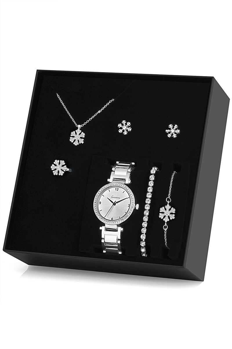 Beyaz  Kar Tanesi Kolye Küpe Bileklik Yüzük  Saat Seti - Hediye Set PS1080