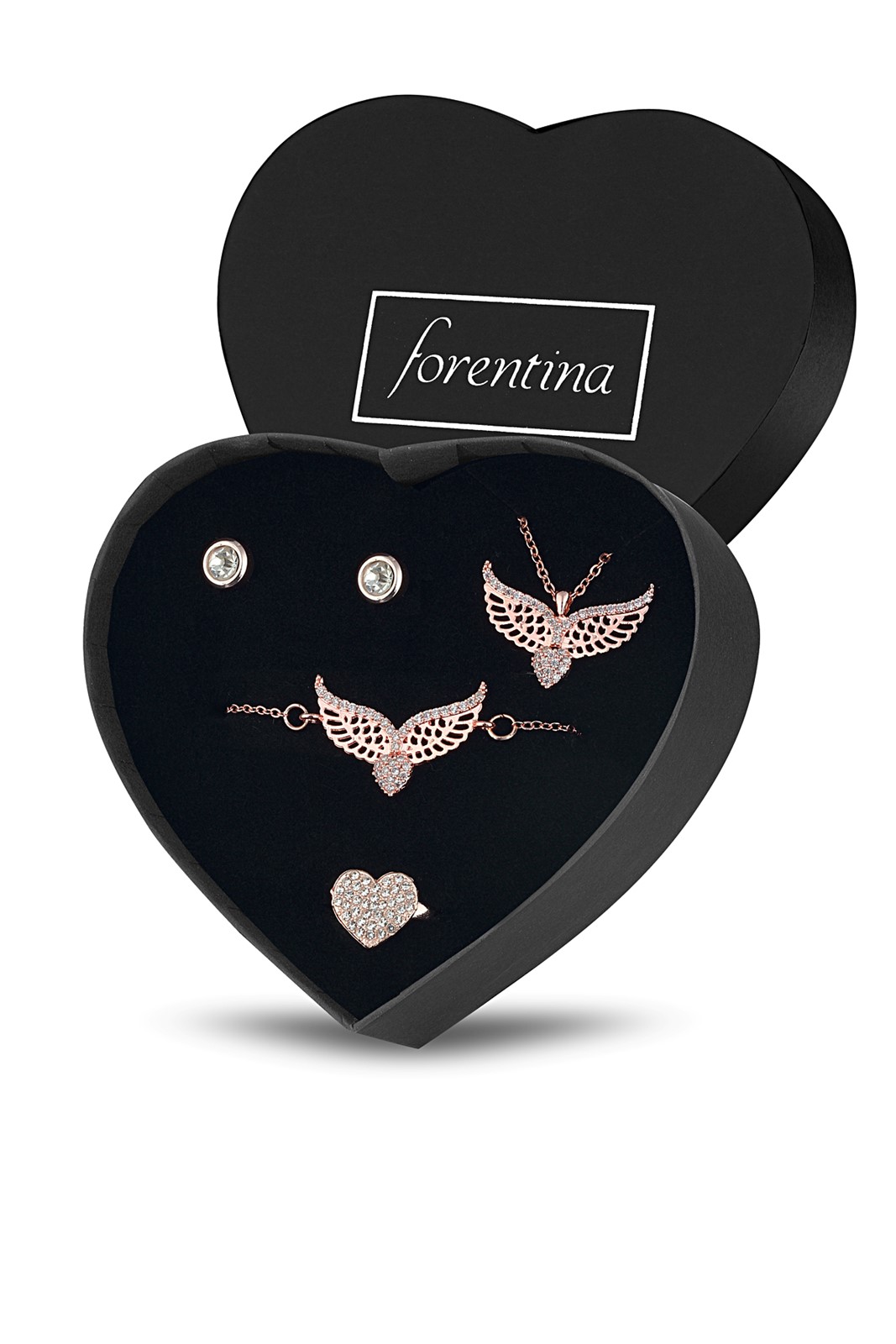 Forentina Rose Melek Kanadı Kolye Bileklik Küpe Yüzük - Çikolata & Kadife Kırmızı Gül Hediye Set PS3181