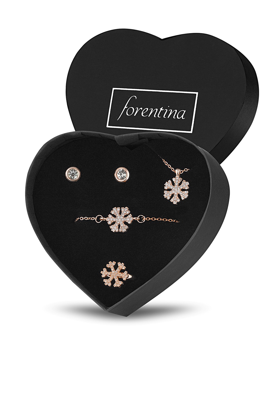 Forentina Rose Kartanesi Kolye Bileklik Küpe Yüzük - Çikolata & Kadife Kırmızı Gül Hediye Set PS3176