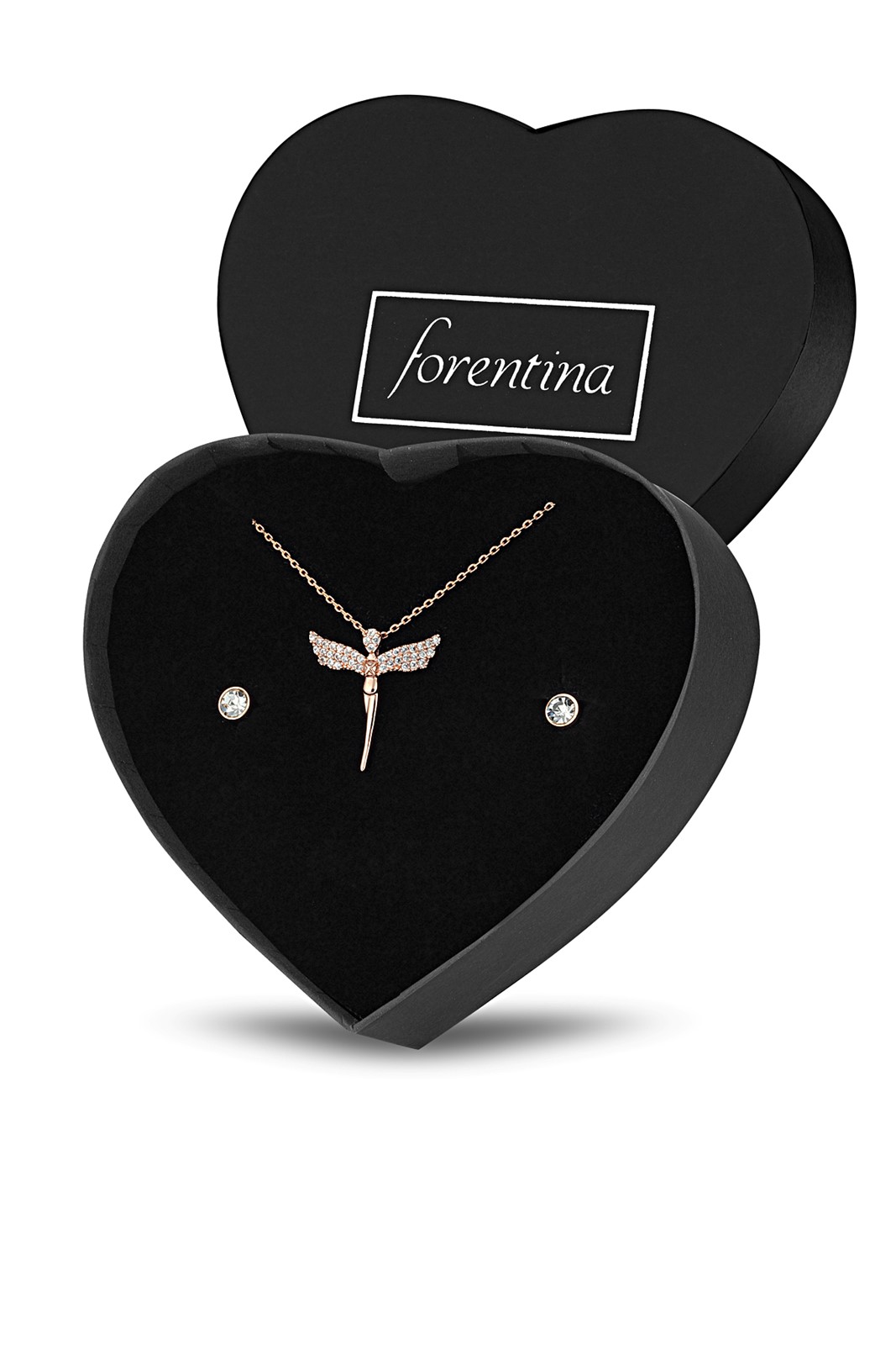 Forentina Rose Melek Kolye Küpe  - Çikolata & Kadife Kırmızı Gül Hediye Set PS3171