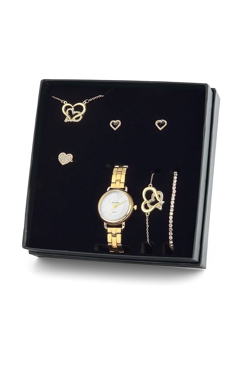 Forentina Altın Kaplama Çift Kalp Kolye Küpe Bileklik Saat -Hediye Set PS1518