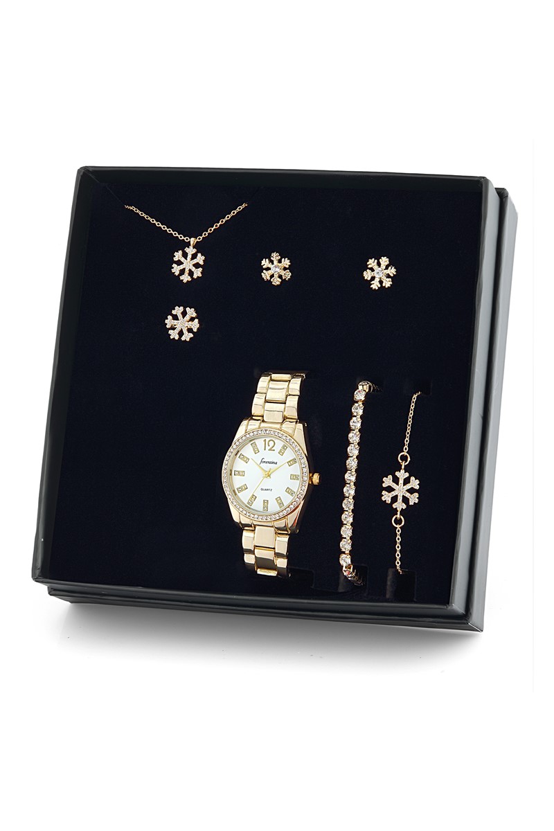 Forentina Altın Kaplama Kar Tanesi Kolye Küpe Bileklik Yüzük Saat Hediye Set PS1521