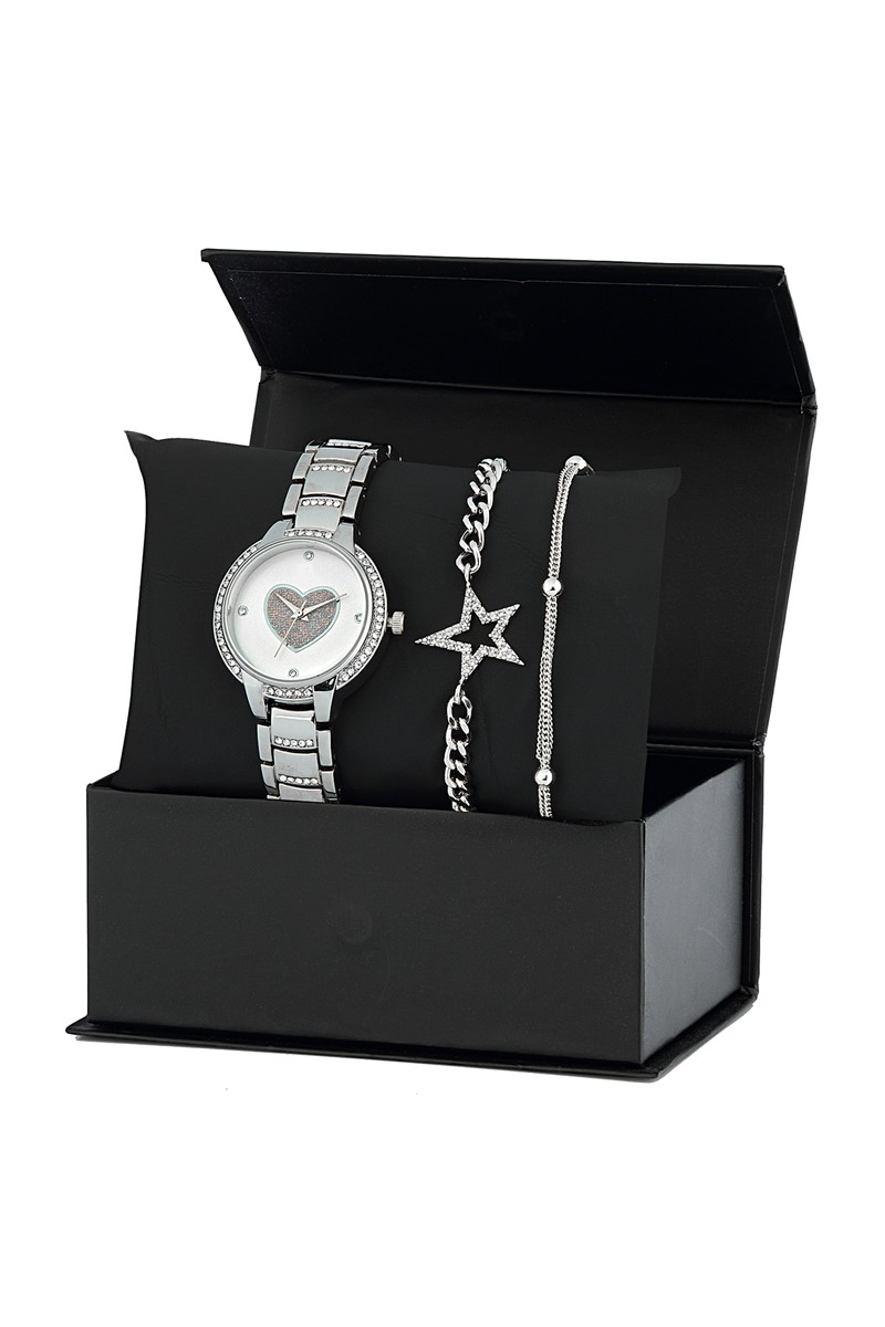 Forentina Beyaz Taşlı Kombin Saat Seti Hediye Set PS1531