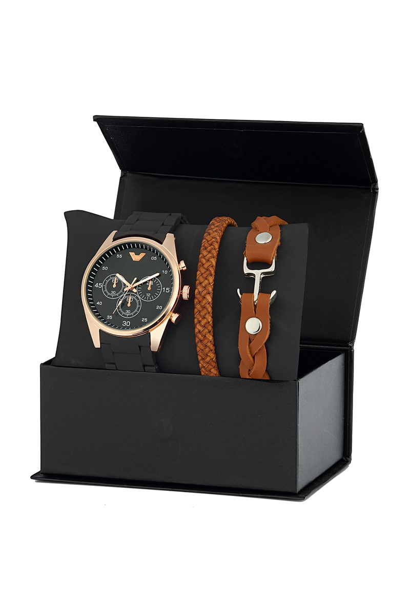 Erkek Siyah Kol Saati 2 Adet Bileklik Hediye Set PS1538