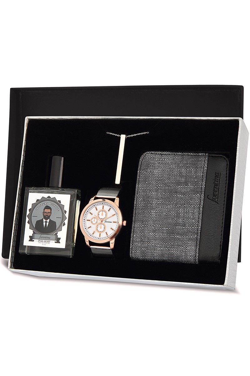 Forentina Erkek Gri Hasır Erkek Kol Saati Parfüm Cüzdan Kolye  PS1544