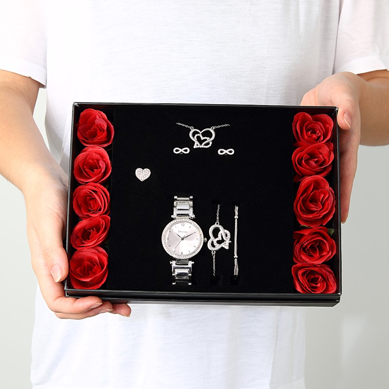 Forentina Çift Kalp Kolye Küpe Bileklik Saat Hediye Set PS1547