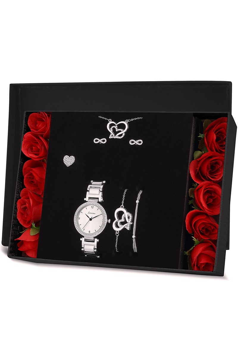 Forentina Çift Kalp Kolye Küpe Bileklik Saat Hediye Set PS1547