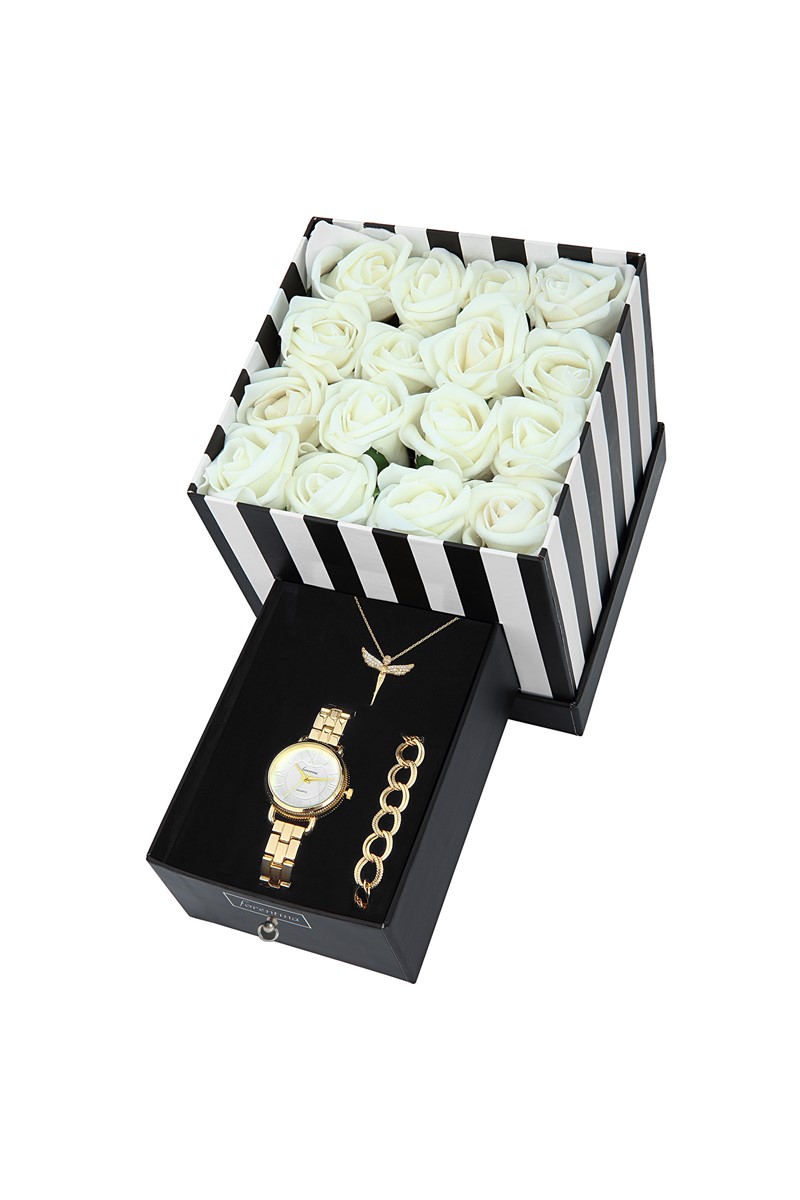 Forentina Beyaz Güllü Kutuda Melek Kolye Bileklik Saat Set PS1551