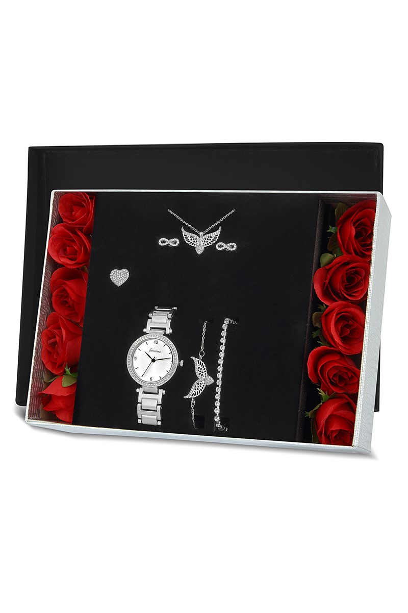 Forentina Gümüş Kaplama Melek Kanadı Kolye Küpe Bileklik Yüzük Saat Yapay Güllü Kutuda Hediye Set PS1554