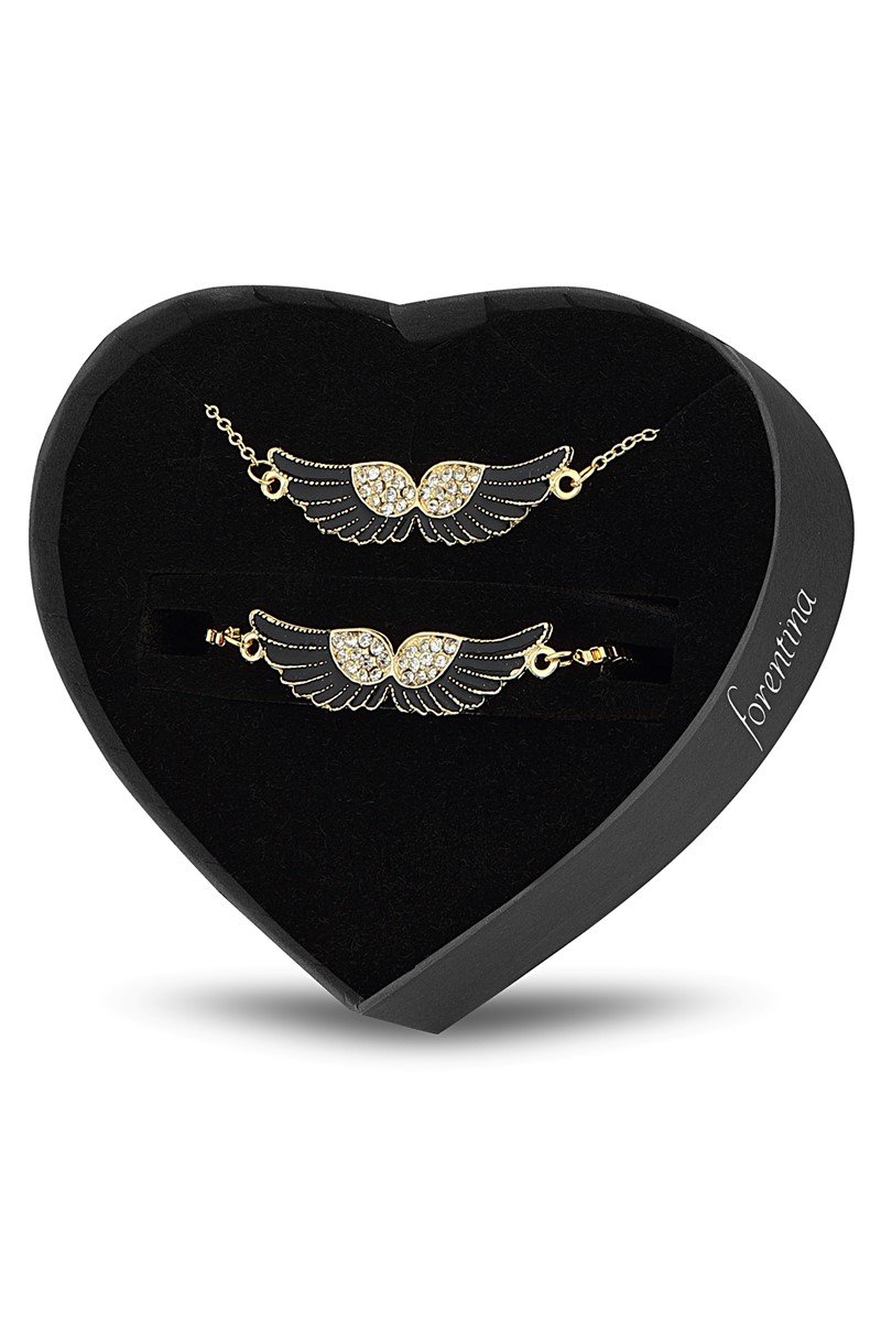 Forentina Siyah Mineli Melek Kanadı Kolye Bileklik Set PS1556
